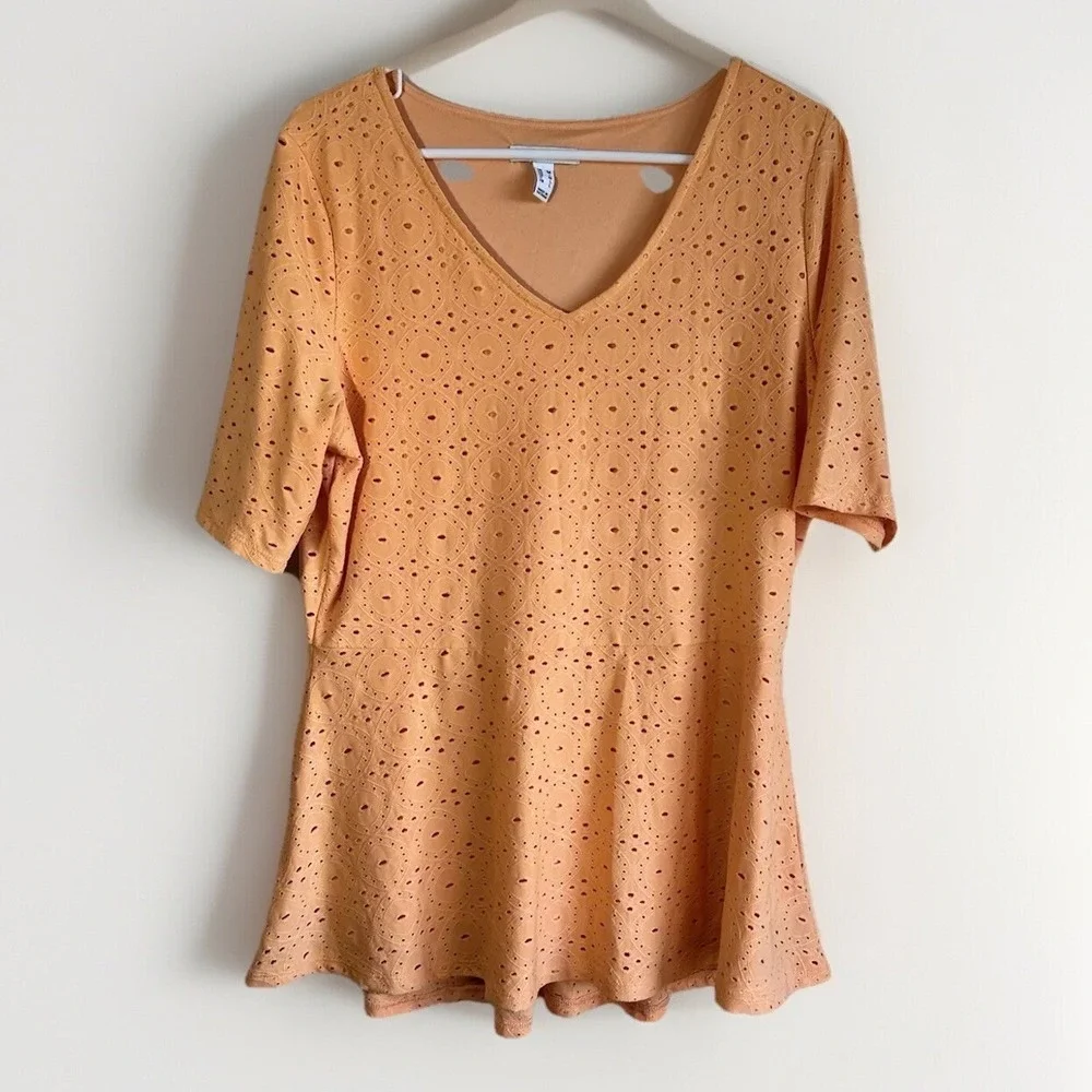 Isaac‎ Mizrahi Live Womens Orange Eyelet V Neck Short Sleeve Tunic Top M